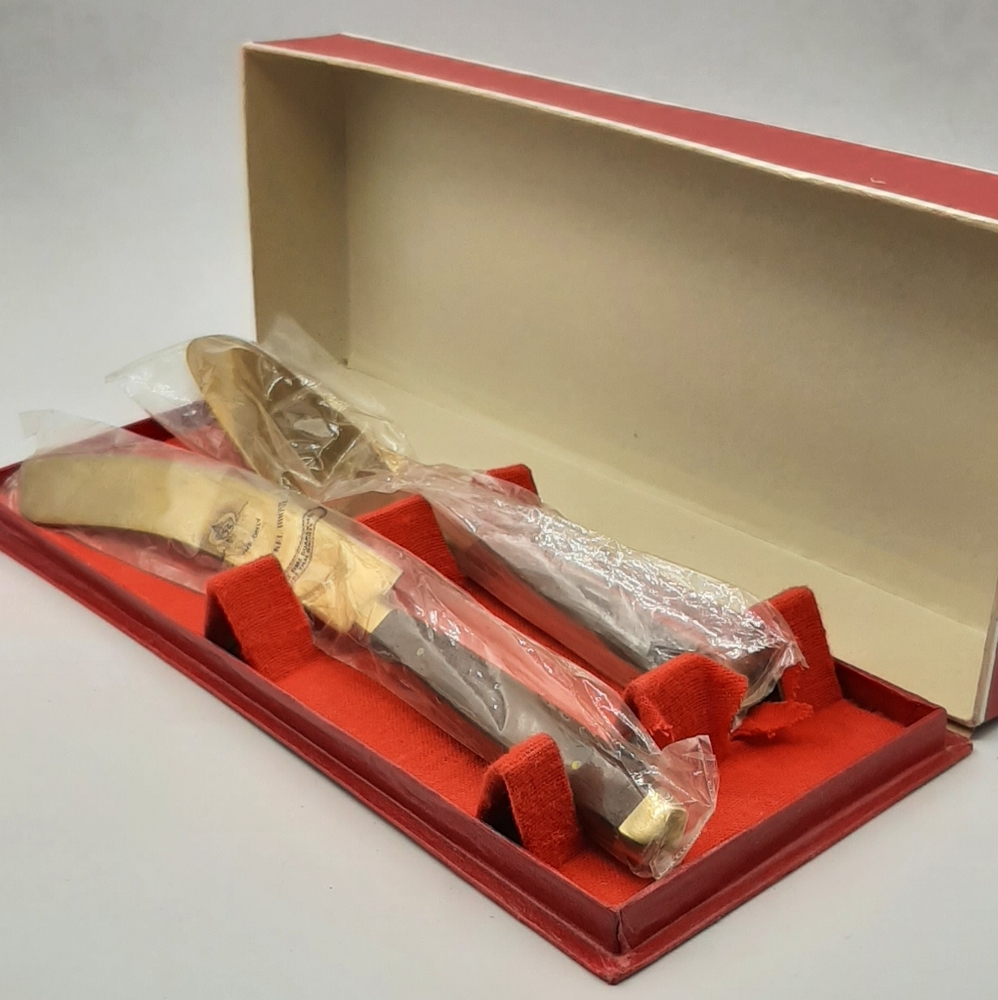 Vintage Solid Nickle Bronze Serving Set Knife & Cake Knife Wood Handles NOS